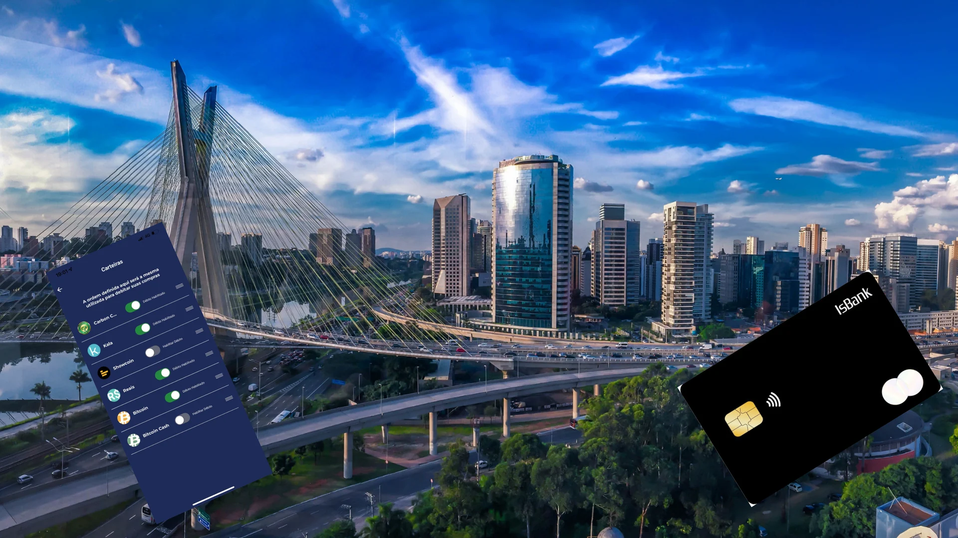 Aplicativo e cartão ISBANK sobre a cidade de São Paulo